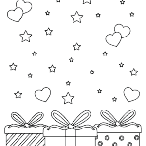 tegning af gaver, hjerter og stjerner